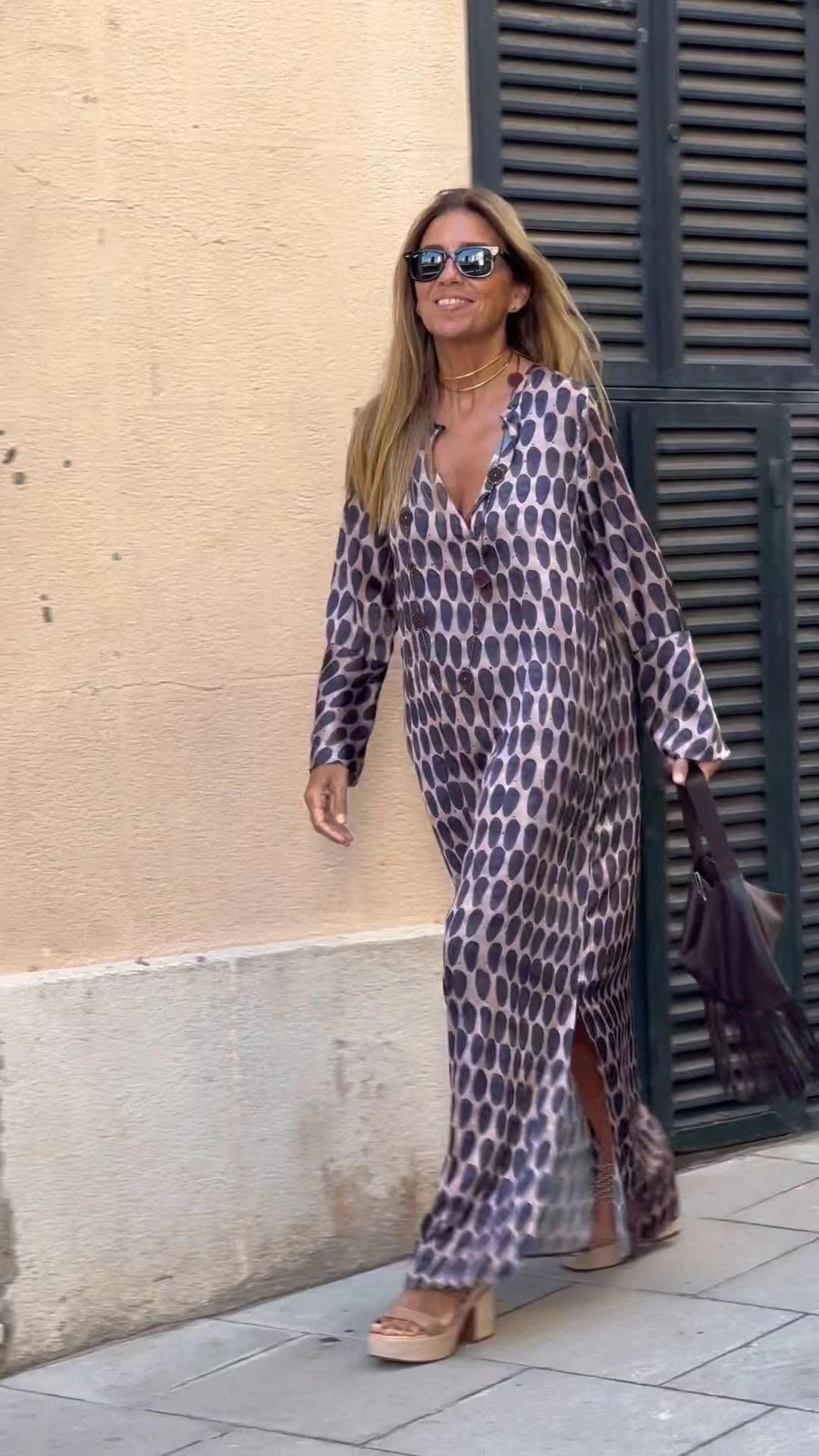 Summer Geometric Printed V-neck Long Dress Fashion Long Sleeve Slit Dresses for Women Stylish and Comfortable for Sunny — photo 8