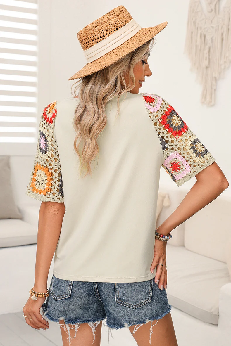 Title 6, Casual All-match Crocheted Short-sleeved Top, a...