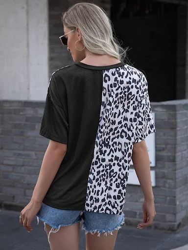 Title 8, Leopard Print Stitching Crew Neck Short Sleeve ...