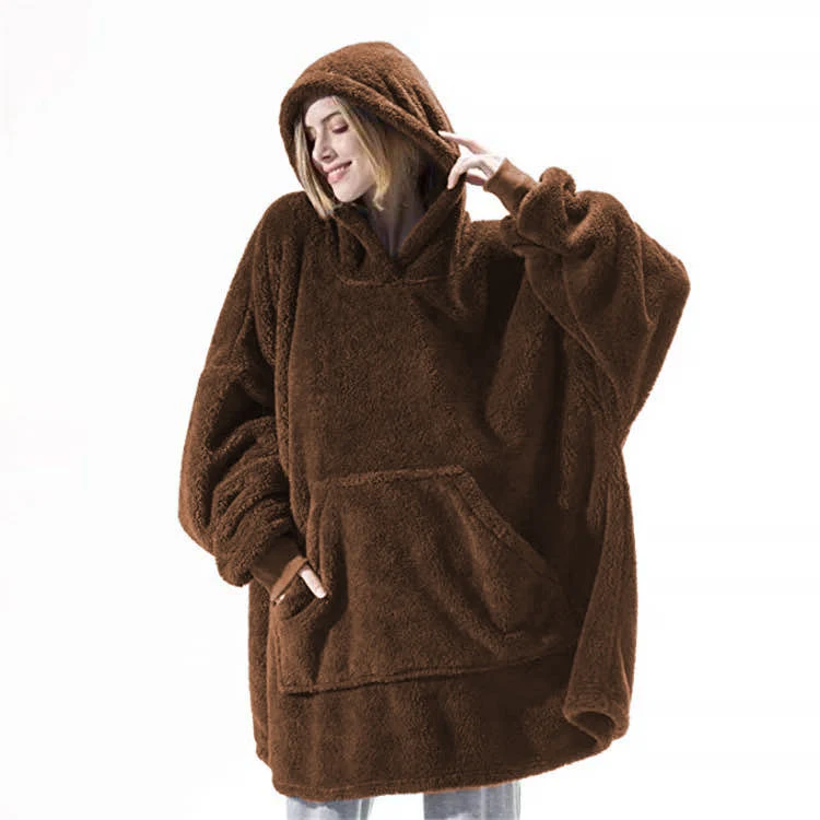 Kapuzenpullover mit großen Taschen, Pullover, bequem, locker, doppelseitig, Fleece, dicker, tragbare Decke — foto 7