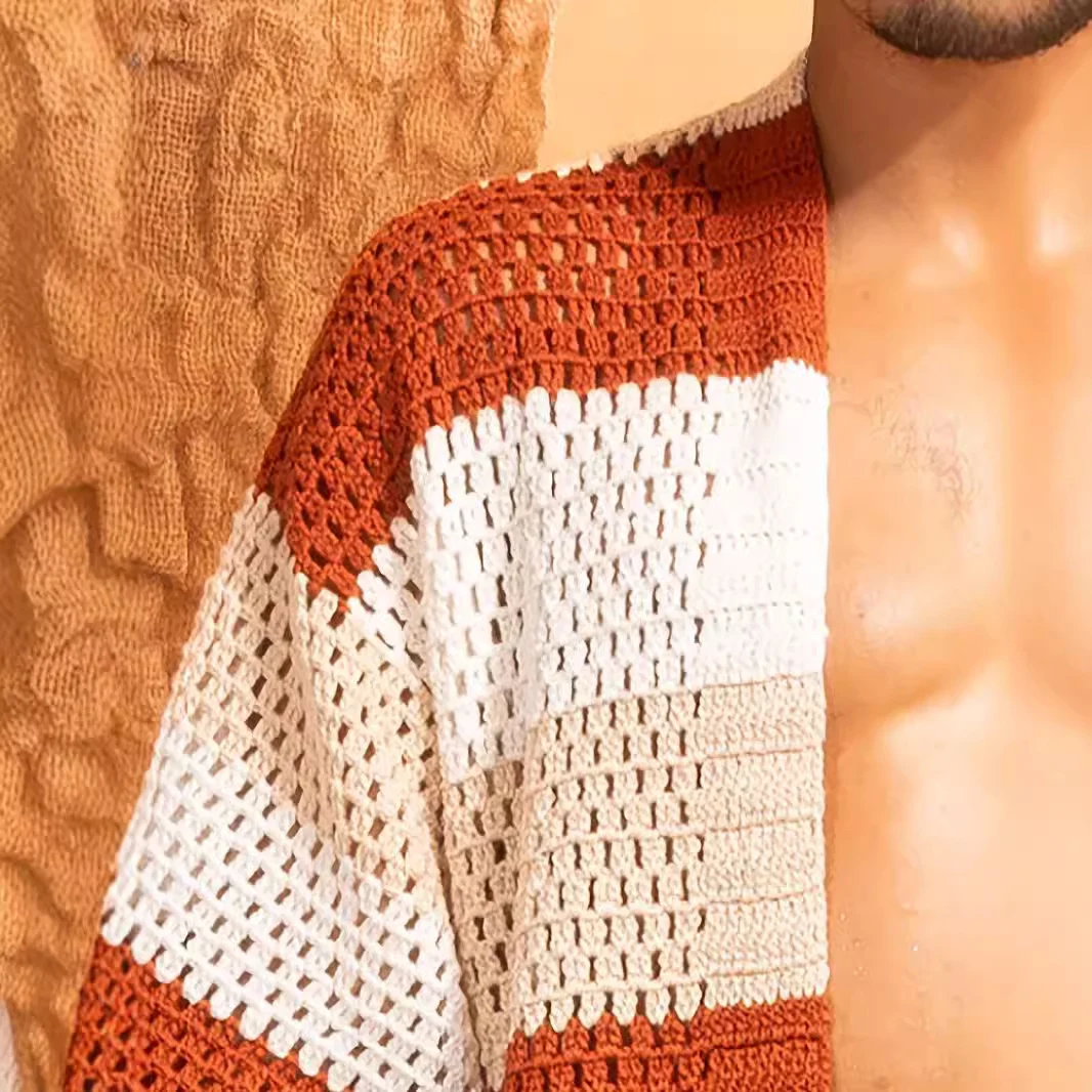 Heren gebreid gestreept shirt met open details, losse pasvorm, ideaal voor een casual en luchtige look, perfect voor warme dagen. — foto 2