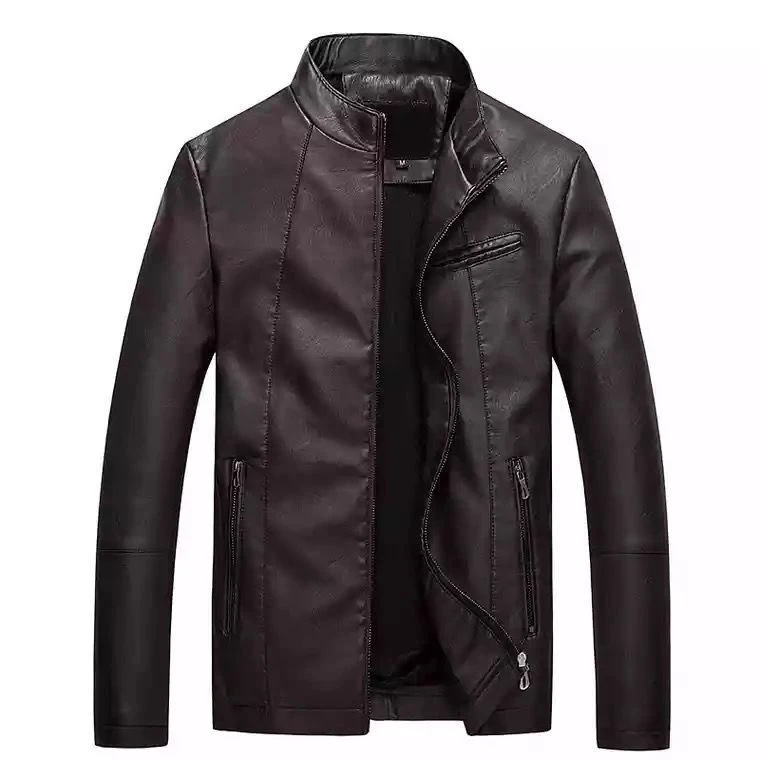 Jaqueta de couro masculina casual com gola alta e zíper. Fleece interno para aquecer. Ideal para um visual moderno e confortável. Perfeita para o dia a dia. — foto 2