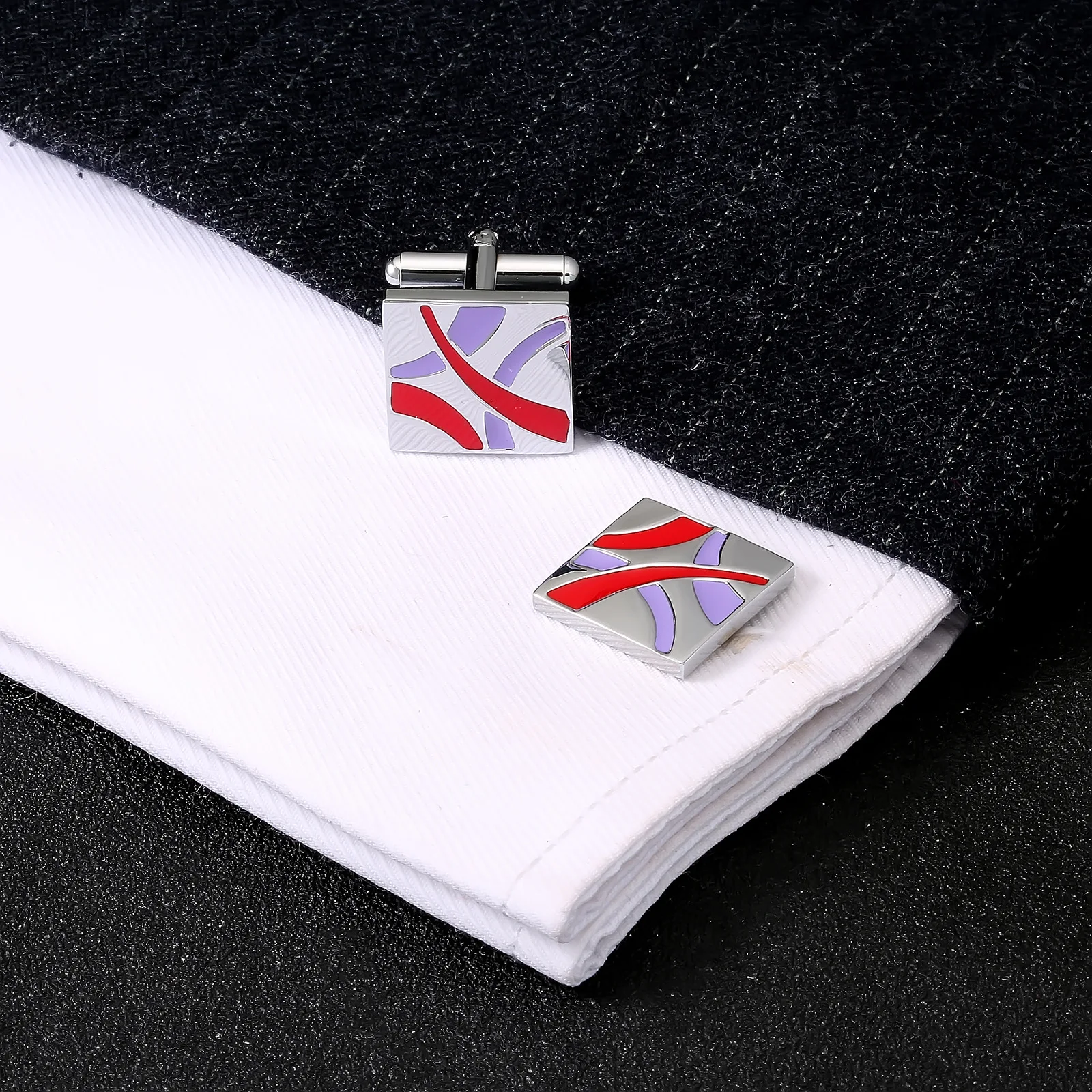 Abotoaduras de punho para camisa, com esmalte colorido quadrado e efeito gotejante, perfeitas para negócios e um visual sofisticado. — foto 3