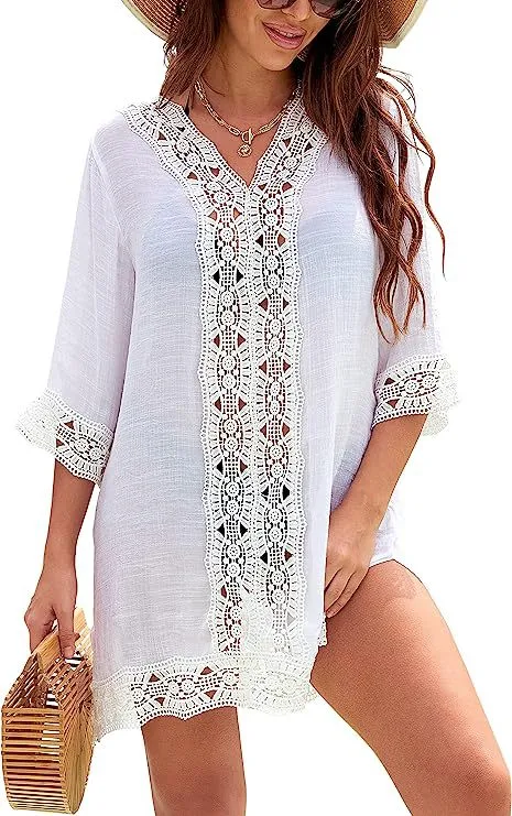 Blusa casual de verão com decote em V e renda, proteção solar, perfeita para praia e vestido leve. Conforto e estilo! — foto 12