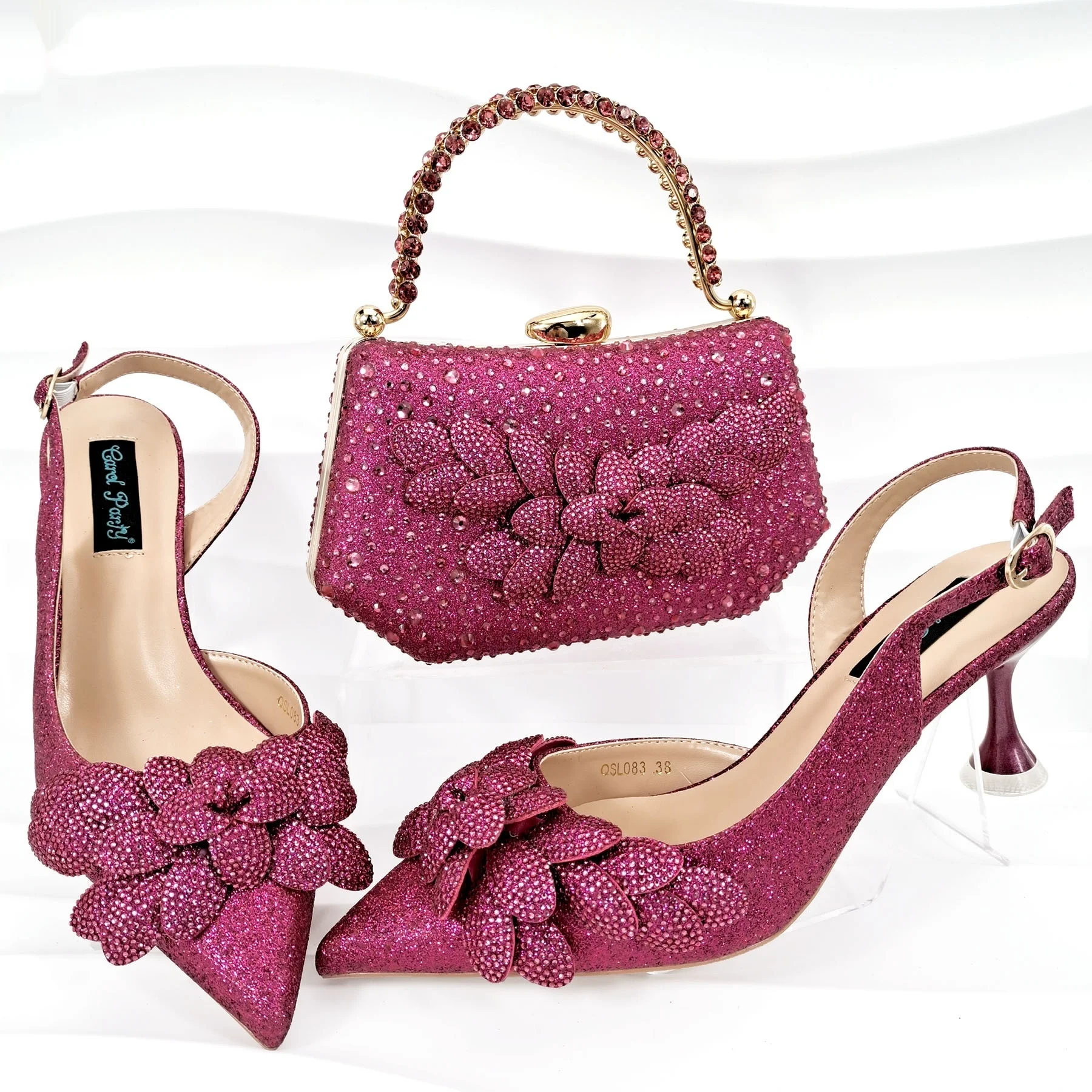 Conjunto de sapatos de festa femininos com bolsa, artesanal, folha decorativa, salto taça de vinho, perfeito para festas. — foto 6