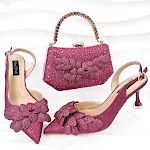 Conjunto de sapatos de festa femininos com bolsa, artesanal, folha decorativa, salto taça de vinho, perfeito para festas. — foto 6