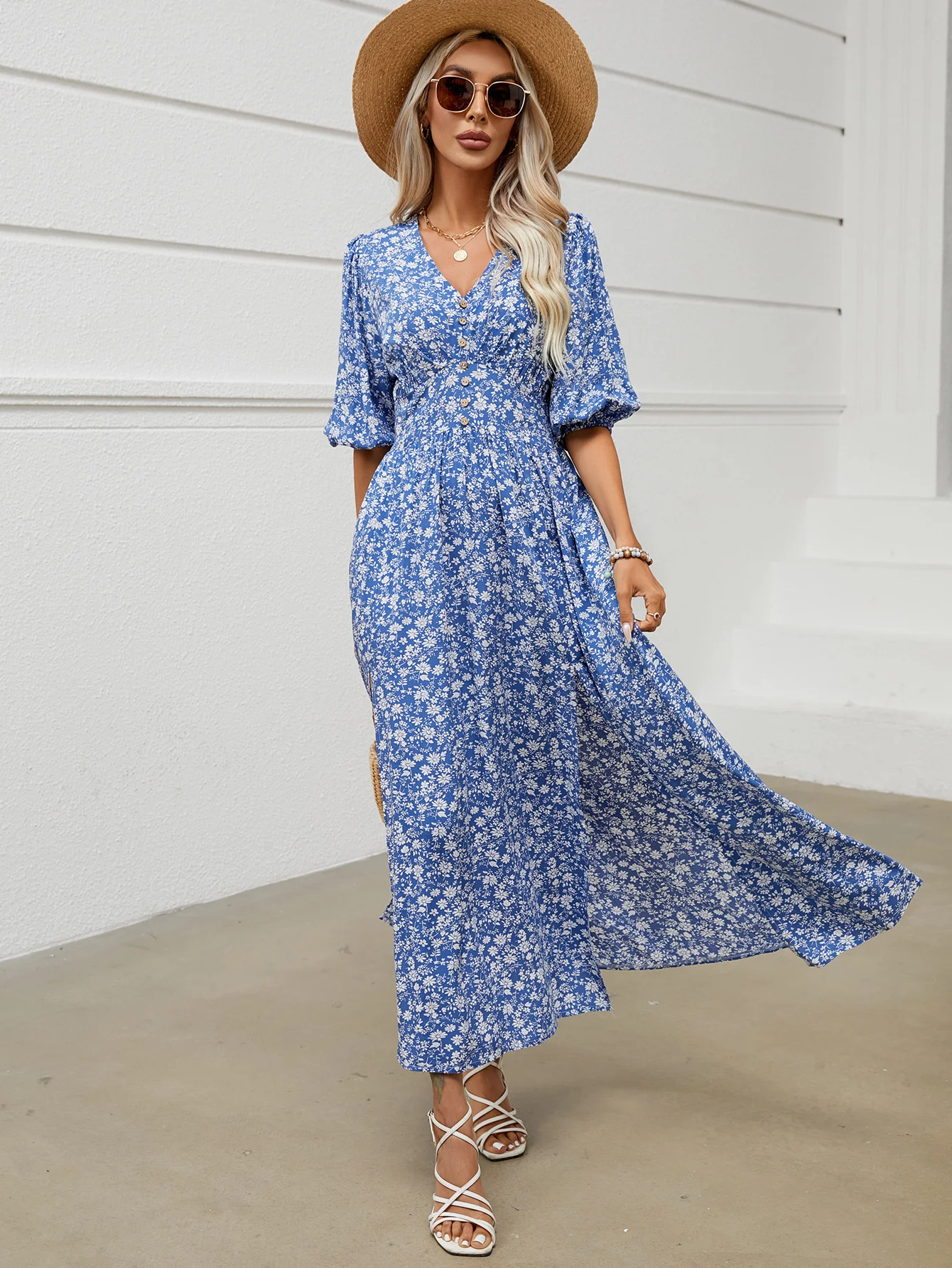 V-neck Lantern Sleeve Waist-tight Dress Seaside Vacation Bohemian Style — photo 13