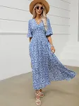 V-neck Lantern Sleeve Waist-tight Dress Seaside Vacation Bohemian Style — photo 13