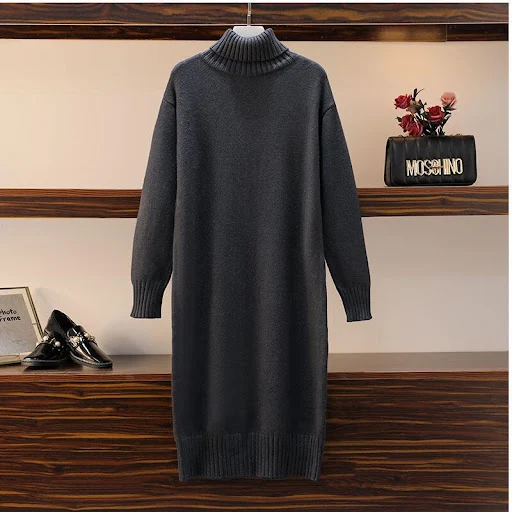 Title 4, Straight Loose Overknee High Collar Sweater Dress