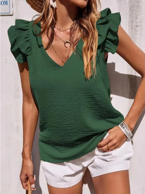 Women's V-Neck High Stretch Crinkle Ruffle Trim Shirt — photo 5