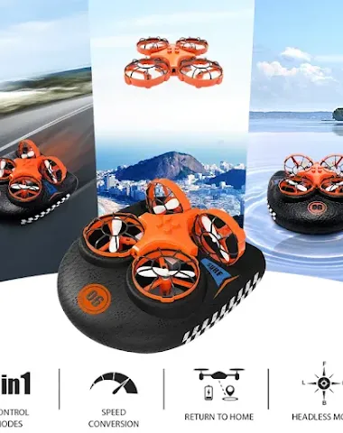 RC Boat Water Land And Air Four-Axis Hovercraft Drone 3-in-1 Toy One-button Tumbling Fun Mini Drone For Kids Multi-funct