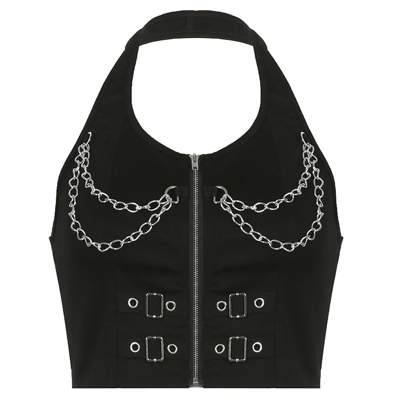 Dark Metal Chain Halter Zip Tank Top — photo 2