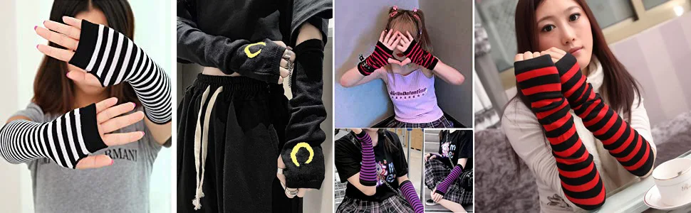 Title 1, Fingerless Oversleeve Dark Lolita Striped Cross...