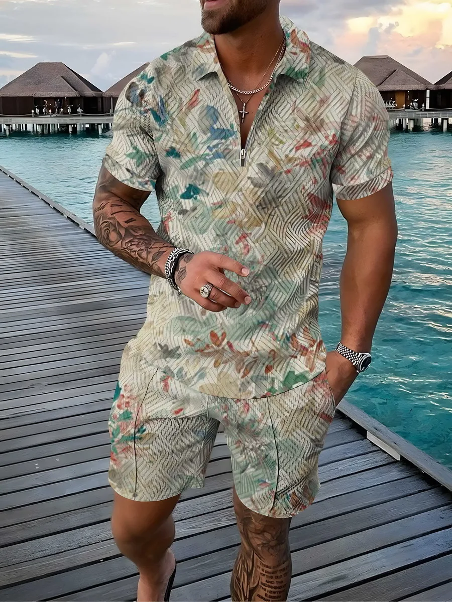 Camisa Polo Floral 3D Masculina com Mangas Curtas e Lapela, Conjunto de Shorts Casual, Roupa de Verão para Homens — foto 6