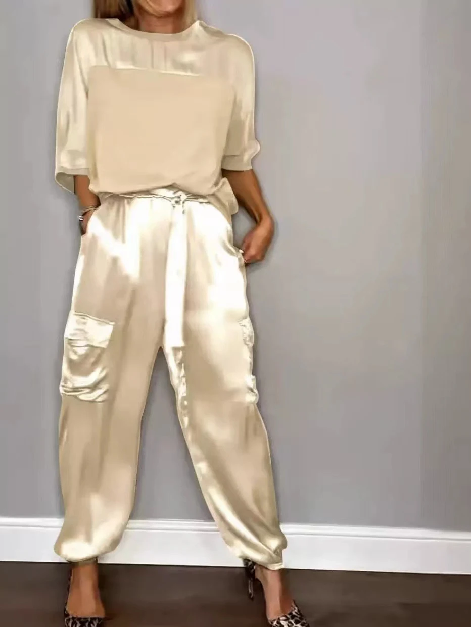 Moda feminina lisa cetim meia manga top blusa e calças conjunto de duas peças — foto 4