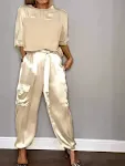 Moda feminina lisa cetim meia manga top blusa e calças conjunto de duas peças — foto 4