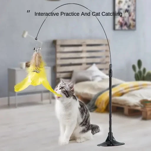 Feather Cat Toy Suction Cup Bite-resistant Cat Flirting Stick with Bell Funny Removable Interactive Boredom Relief Cat T — photo 3