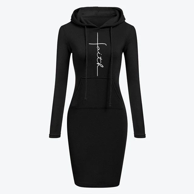 Outono inverno feminino moletom com capuz vestido de manga comprida — foto 1