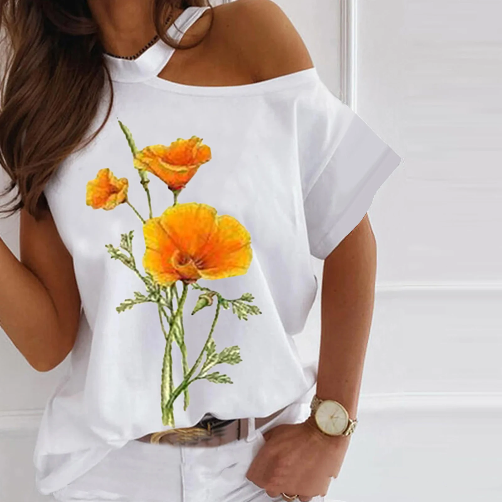 New Off-shoulder Hanging Neck Short-sleeved T-shirt For Women — photo 2