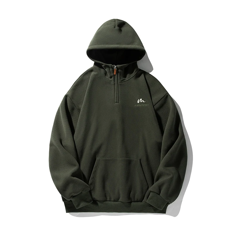 Moletom com capuz e zíper parcial de fleece polar estilo americano retrô. Conforto e aquecimento para um visual casual e estiloso. — foto 3