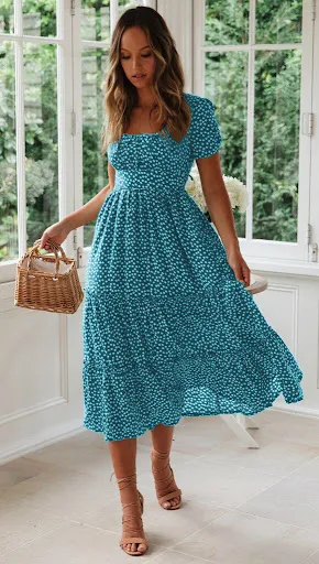 Title 15, Square Collar Short Sleeve Dress Summer Puff Fl...