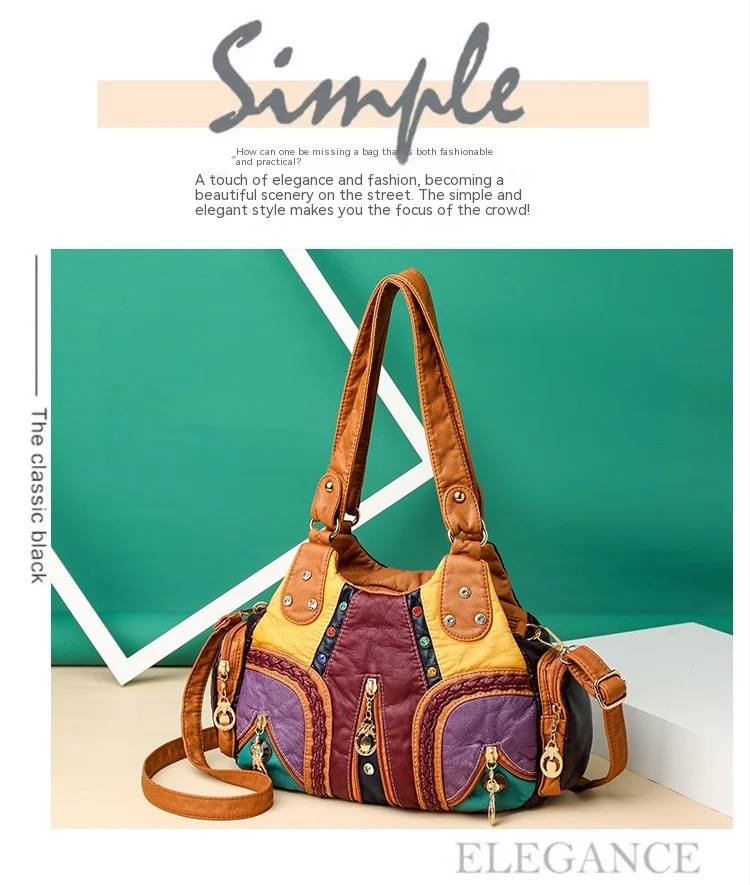Bolsa de mão de couro lavado, multicolorida, com mosaico, grande capacidade e várias camadas, perfeita para carregar tudo com estilo e organização. — foto 4