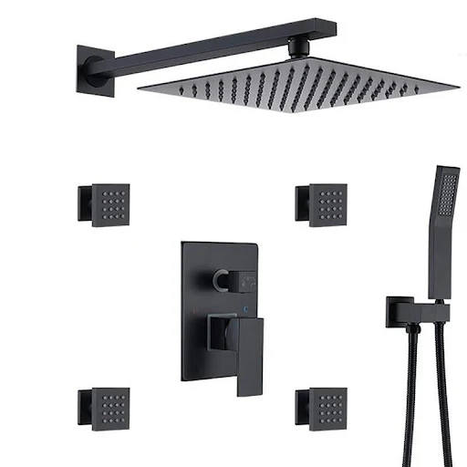 Title 6, Wall-embedded hidden black shower set, hot and ...