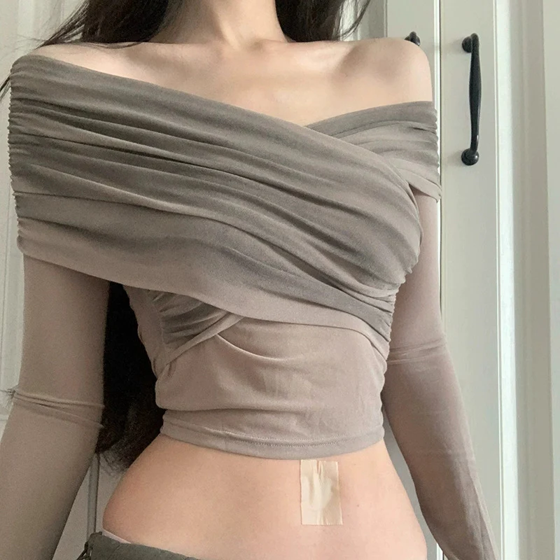 Women's Pleated Slim Fit Inner Wear Cross Off-shoulder T-shirt — photo 22