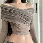Women's Pleated Slim Fit Inner Wear Cross Off-shoulder T-shirt — photo 22