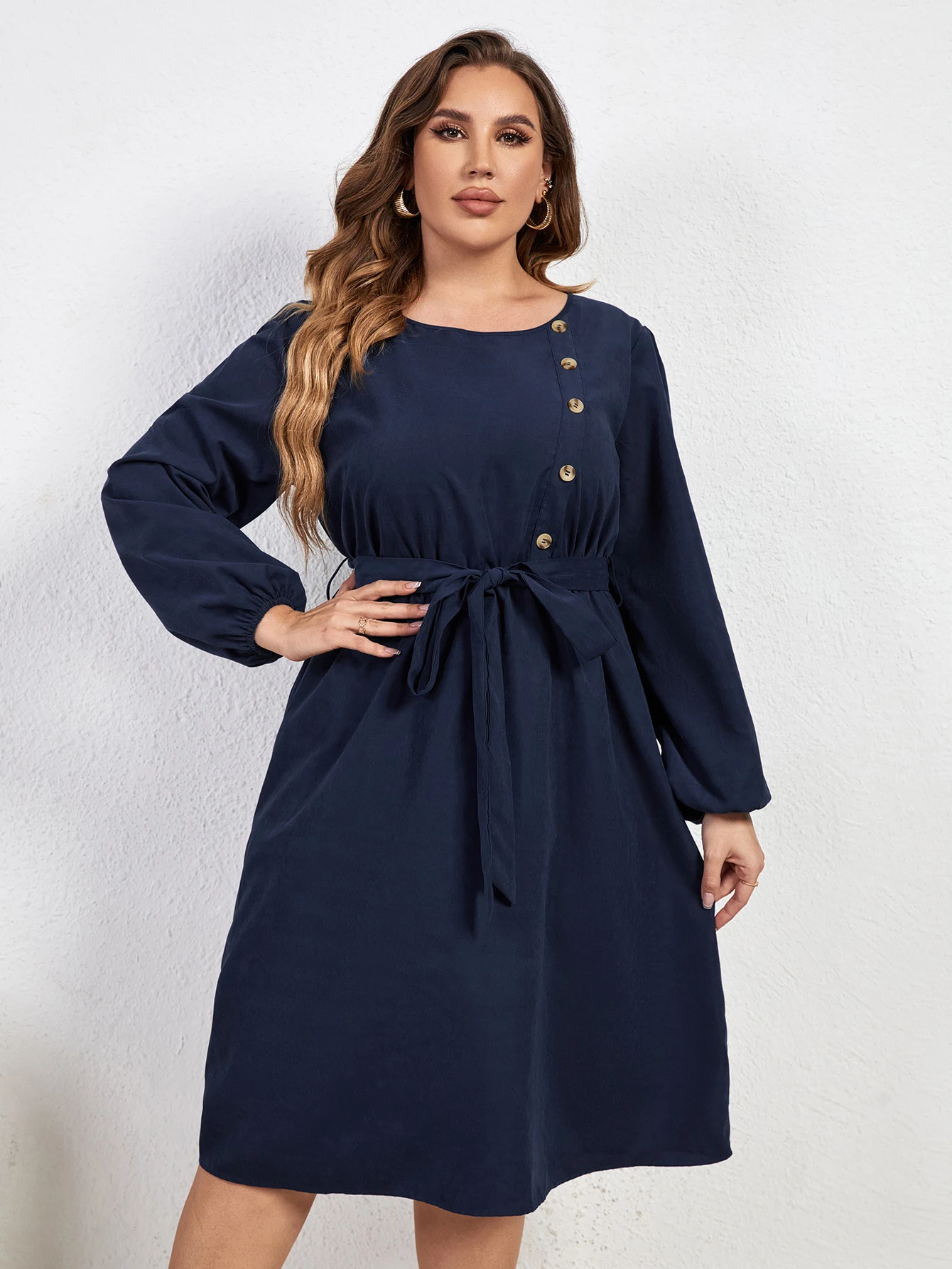 Title 5, Loose High Waist Lace-up Womens Round Neck Dress