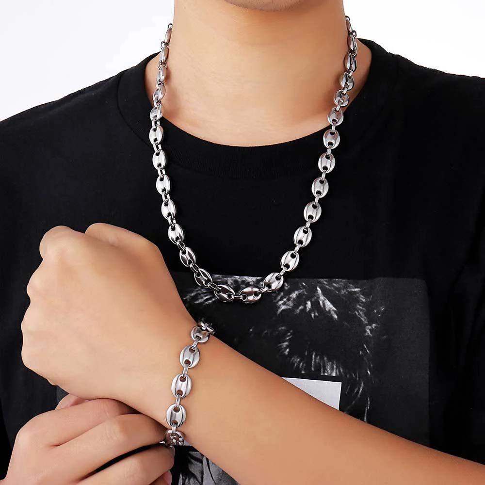 Colar e pulseira Coffee Bean Hip Hop de aço titânio e ouro 18K, para um visual moderno e estiloso, com resistência e durabilidade. — foto 16