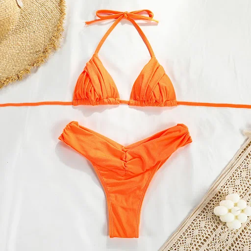 Title 4, Womens Swimsuit Solid Color Pleated Bikini – E...