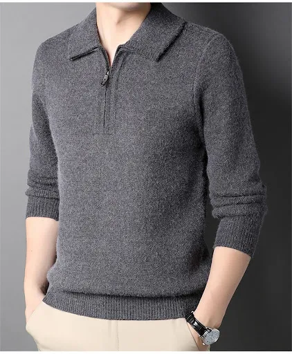 Title 2, Solid Color Popular Zipper Mens Lapel Knitted ...