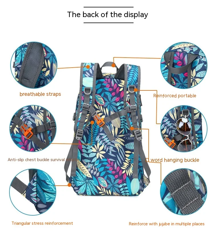 Lichtgewicht opvouwbare nylon rugzak met print voor bergbeklimmen en fietsen. Waterdicht, handig en ideaal voor outdoor avonturen. — foto 17