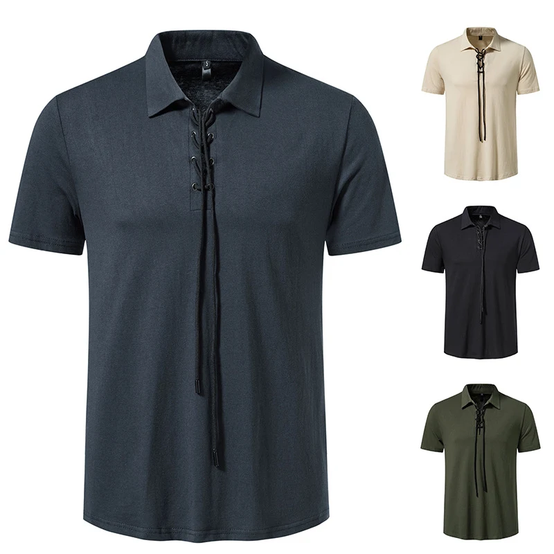 Polo sólido com gola alta, cadarço, bolso, casual, manga curta. Ideal para um visual descontraído e confortável com estilo. — foto 5