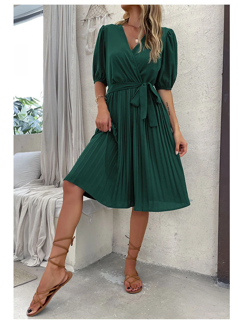 Title 3, Tied V-neck Pleated Dress Women