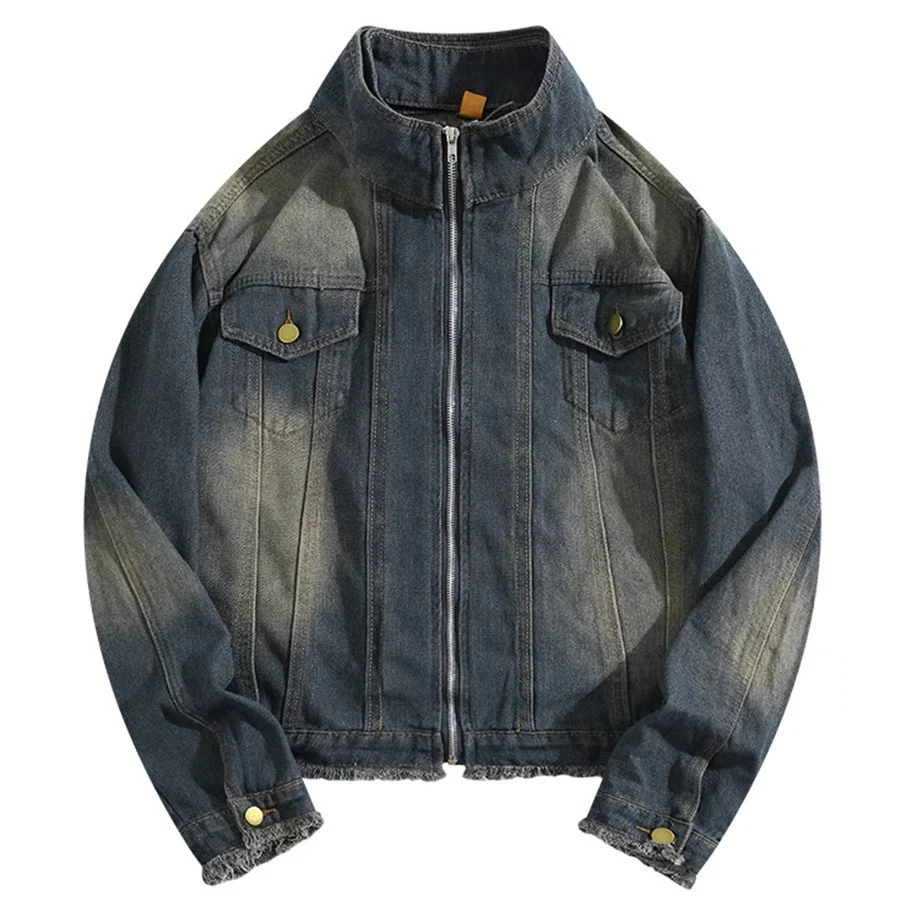 Men's fake two-piece motorcycle denim coat, washed and distressed jacket. A stylish and comfortable choice for casual we — photo 6