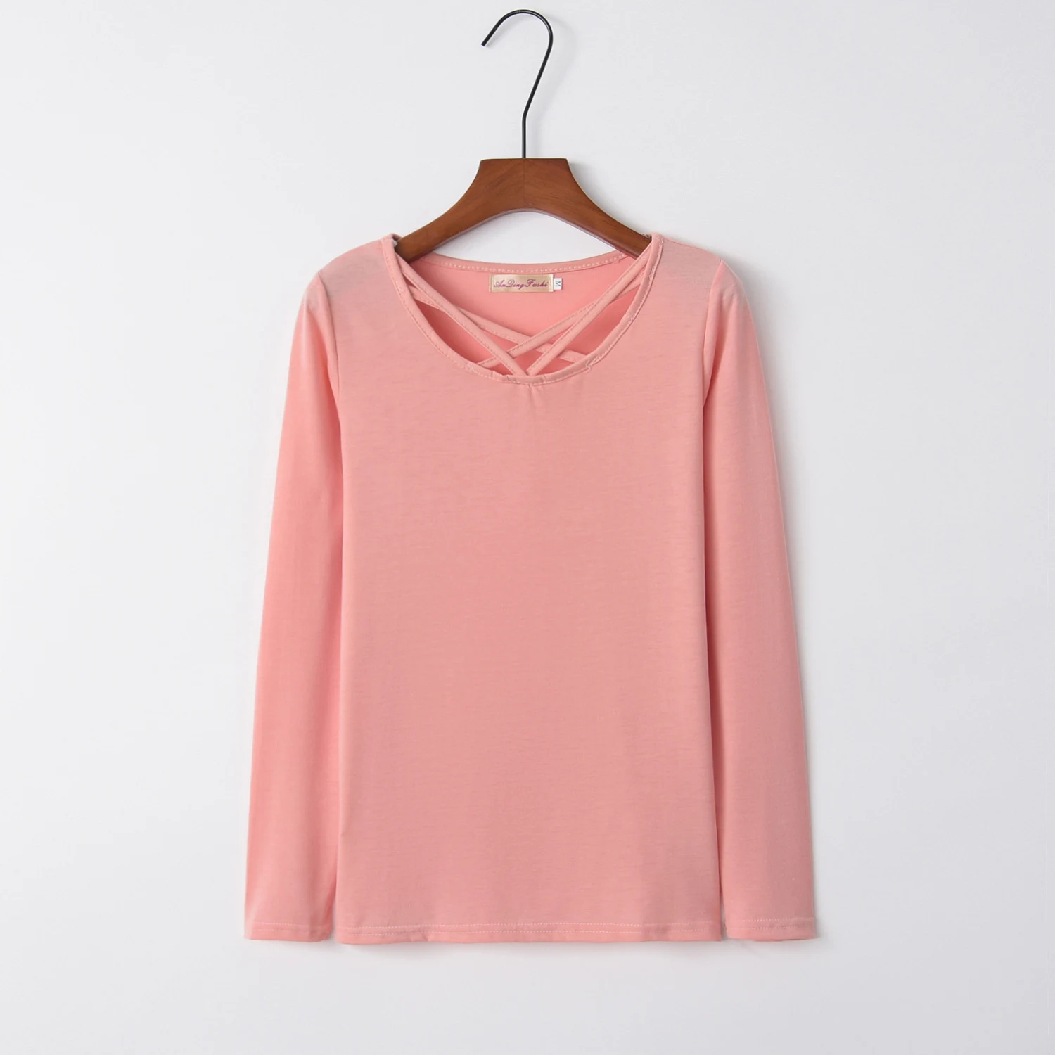 Wish Best-selling New Type Long Sleeve T-shirt Women Solid Color Cross Collar Solid Color Fall Women's Clothing — photo 5