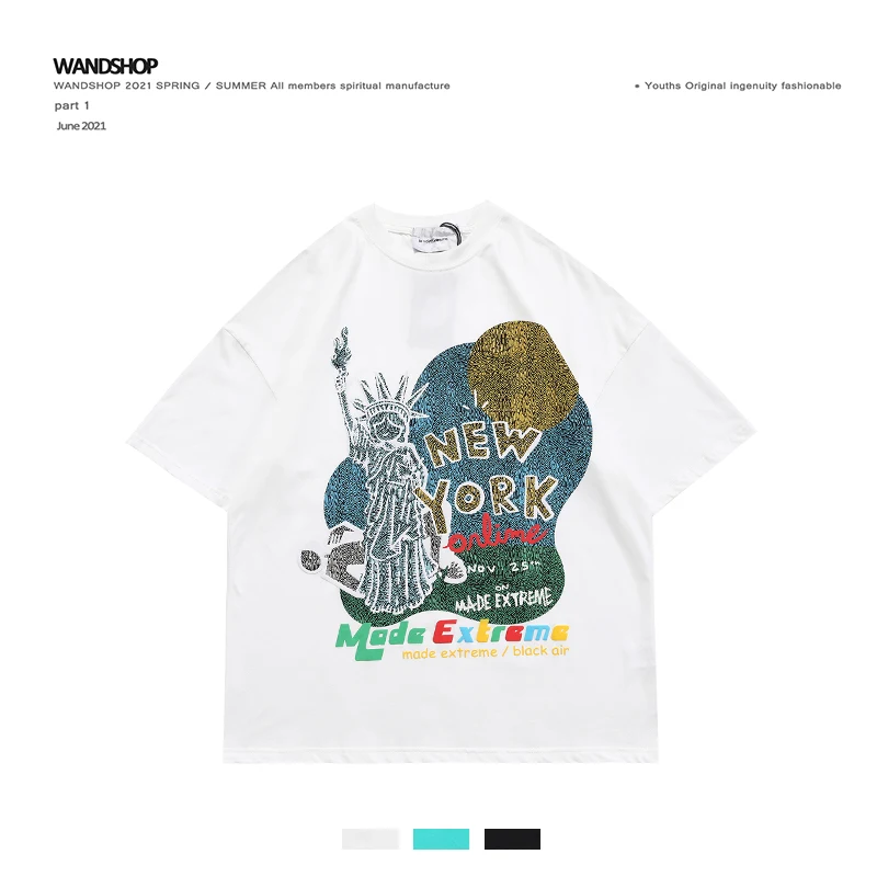 Impresión de espuma de graffiti retro estadounidense de camiseta de manga corta Tide National Hip-Hop Tendencia de sus soluciones a media manga de gran tamaño — foto 3