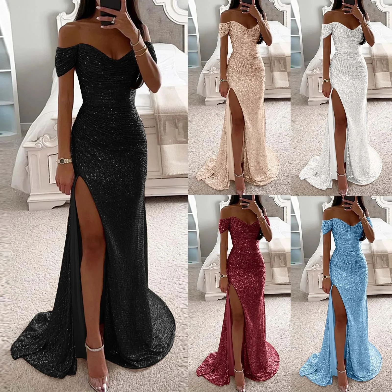 Creatieve damesjurk in effen kleur met glinsterende split, ideaal voor speciale gelegenheden, stijlvol en elegant. — foto 1