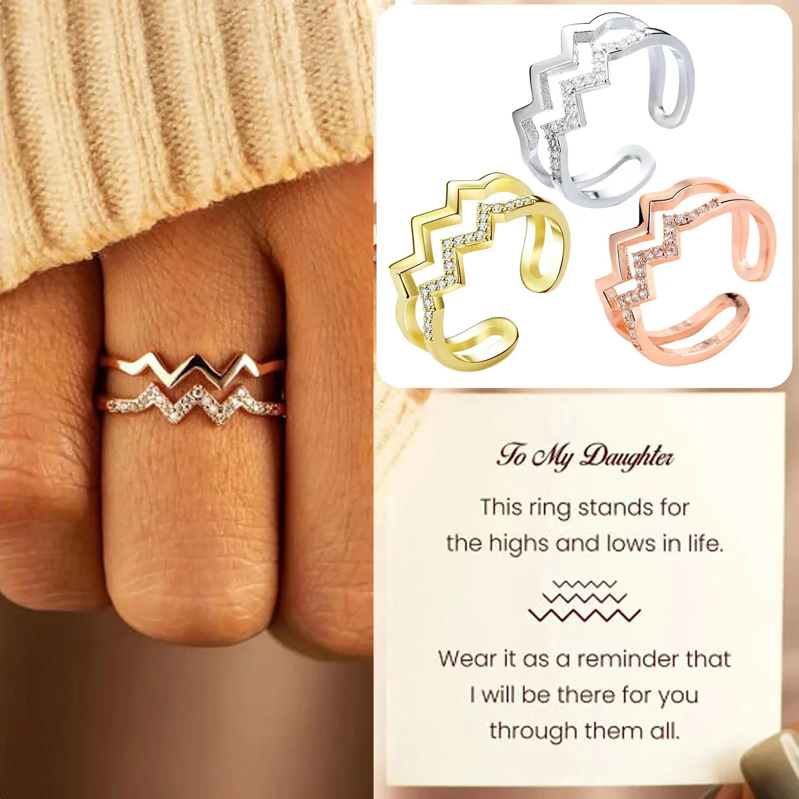 Anel feminino com design de linha de onda de coração, dupla camada com diamantes, simples e versátil, combina com tudo, perfeito para qualquer look. — foto 11