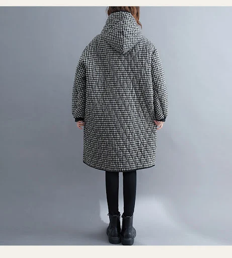Title 5, Womens Hooded Plaid Quilted Mid-Length Coat