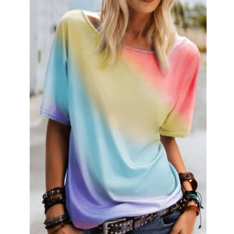 Title 6, Womens Crew Neck Rainbow Print T-Shirt Loose C...