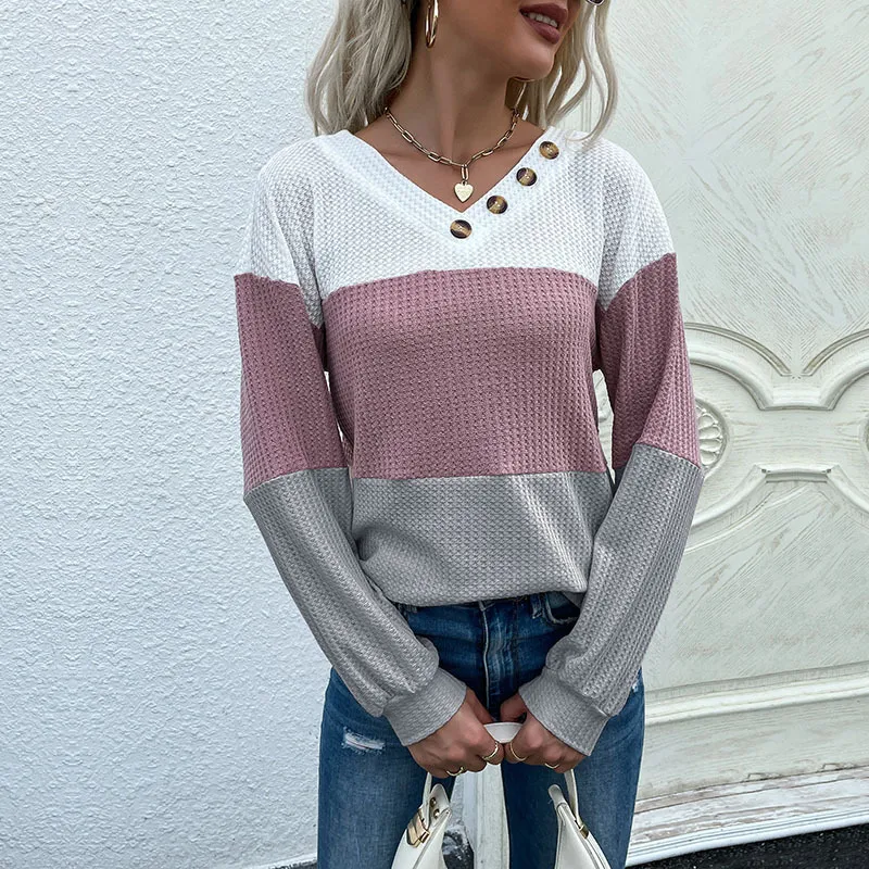 Title 5, Pullover Color Blocking V-neck Waffle Knit For ...