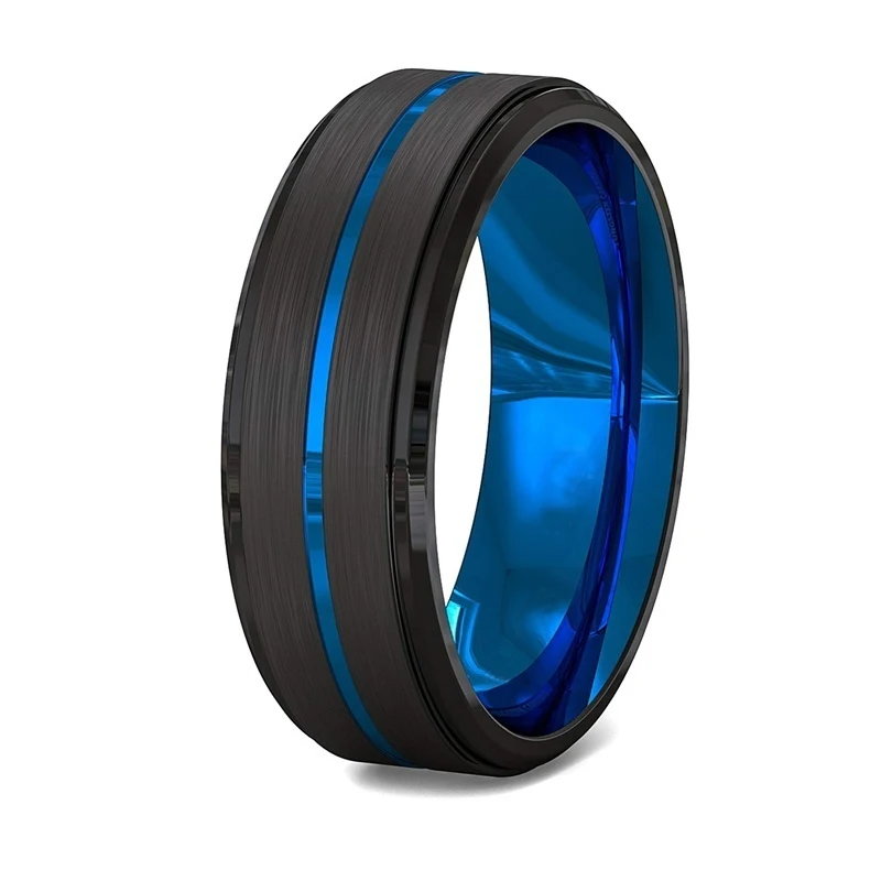 Anel de aço de tungstênio azul e preto ranhurado de 8mm para homens, dois tons, joia durável e moderna, perfeita para qualquer ocasião. — foto 7