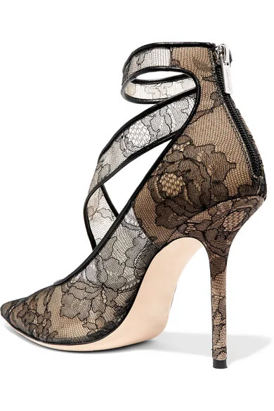 Title 4, Pointed black lace high heels for elegant style...