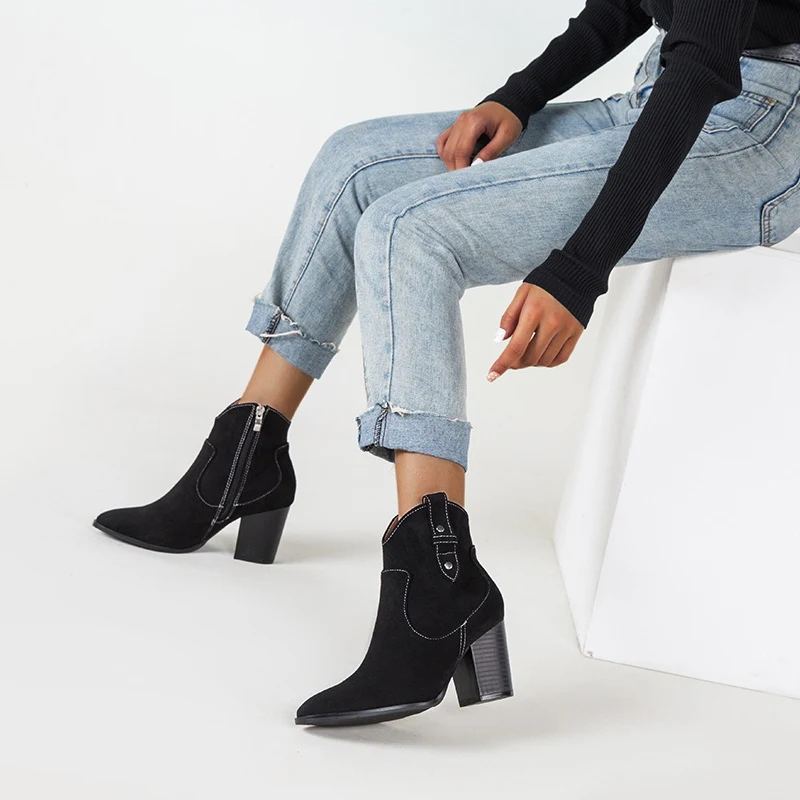 Botas Martin Femininas de Outono e Inverno, Salto Grosso Curto, Zíper Lateral, Botas Curtas da Moda, Conforto e Elegância para Você — foto 2