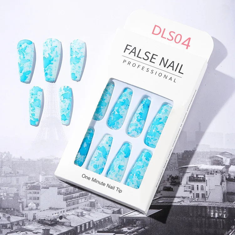 Title 9, Long fake nails with a bright oil color marble ...