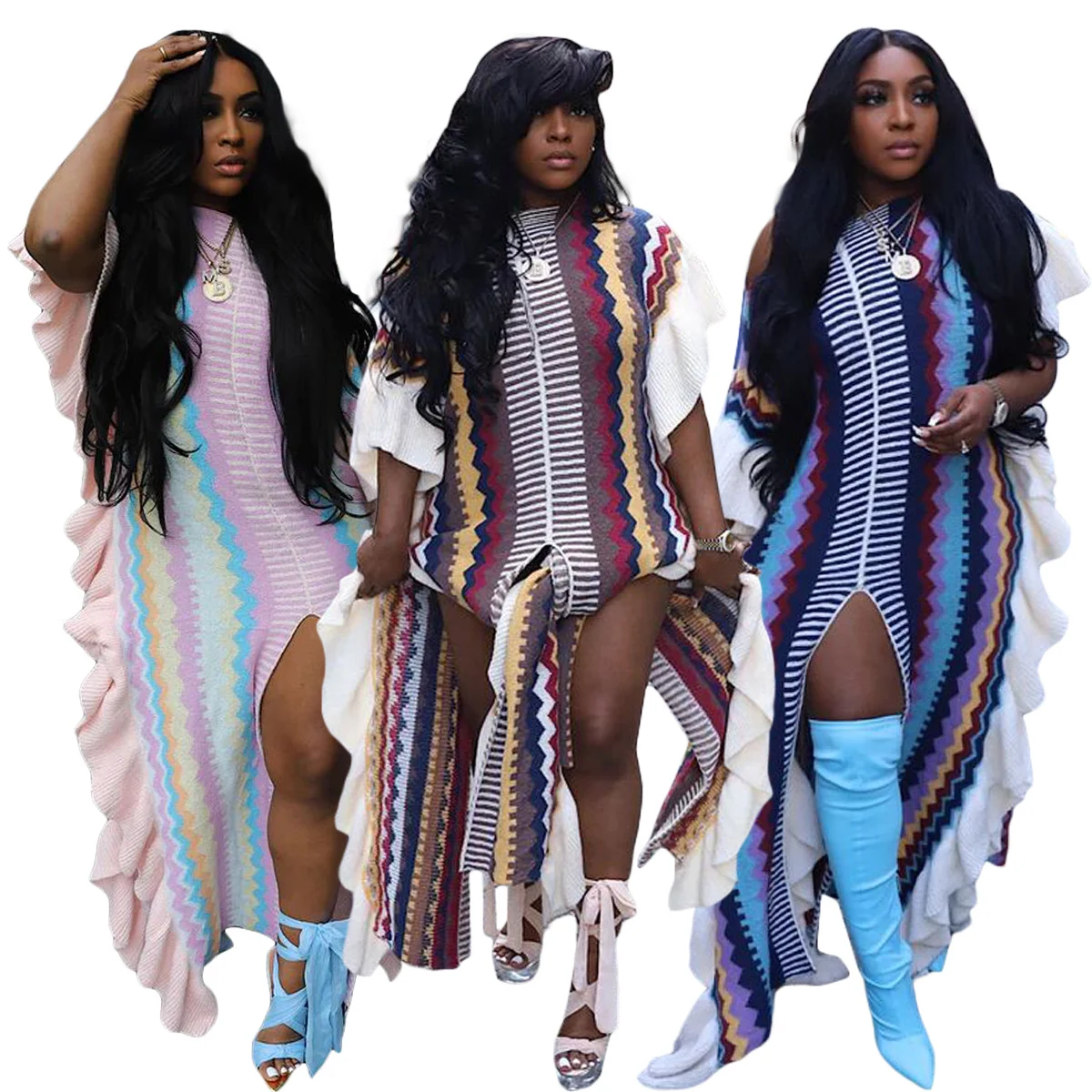 Title 11, Womens Ruffled Knitted Striped Slit Long Skirt