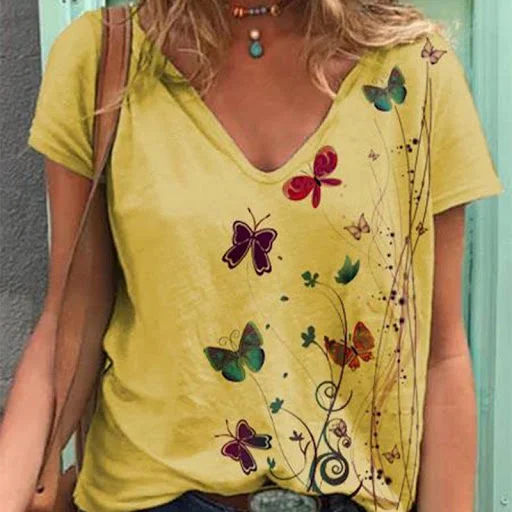 Title 5, Dandelion Butterfly Print V-neck T-shirt With S...